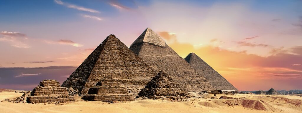 pyramids, egypt, egyptian, ancient, desert, giza, nature, historical, architecture, sand, dunes, sand dunes, barren, barren landscape, landmark, sunset, panorama, panoramic